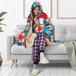 Turquoise Leaves Hibiscus Pattern Print Hooded Blanket