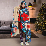 Turquoise Leaves Hibiscus Pattern Print Hooded Blanket
