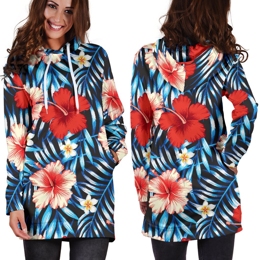Turquoise Leaves Hibiscus Pattern Print Hoodie Dress GearFrost