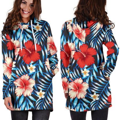 Turquoise Leaves Hibiscus Pattern Print Hoodie Dress GearFrost