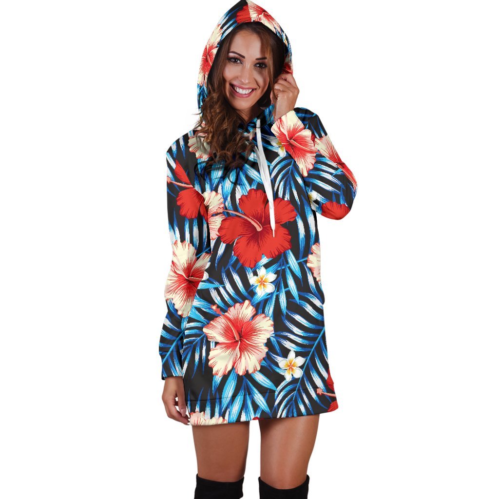 Turquoise Leaves Hibiscus Pattern Print Hoodie Dress GearFrost