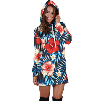 Turquoise Leaves Hibiscus Pattern Print Hoodie Dress GearFrost
