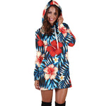 Turquoise Leaves Hibiscus Pattern Print Hoodie Dress GearFrost