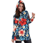 Turquoise Leaves Hibiscus Pattern Print Hoodie Dress GearFrost