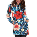 Turquoise Leaves Hibiscus Pattern Print Pullover Hoodie Dress