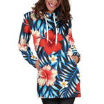 Turquoise Leaves Hibiscus Pattern Print Hoodie Dress GearFrost