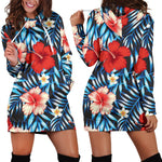 Turquoise Leaves Hibiscus Pattern Print Hoodie Dress GearFrost
