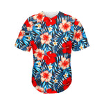 Turquoise Leaves Hibiscus Pattern Print Men's Baseball Jersey