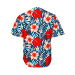 Turquoise Leaves Hibiscus Pattern Print Men's Baseball Jersey