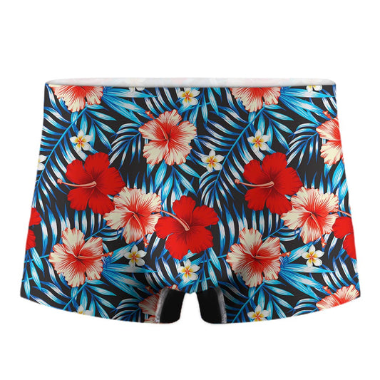 Turquoise Leaves Hibiscus Pattern Print Men's Boxer Briefs