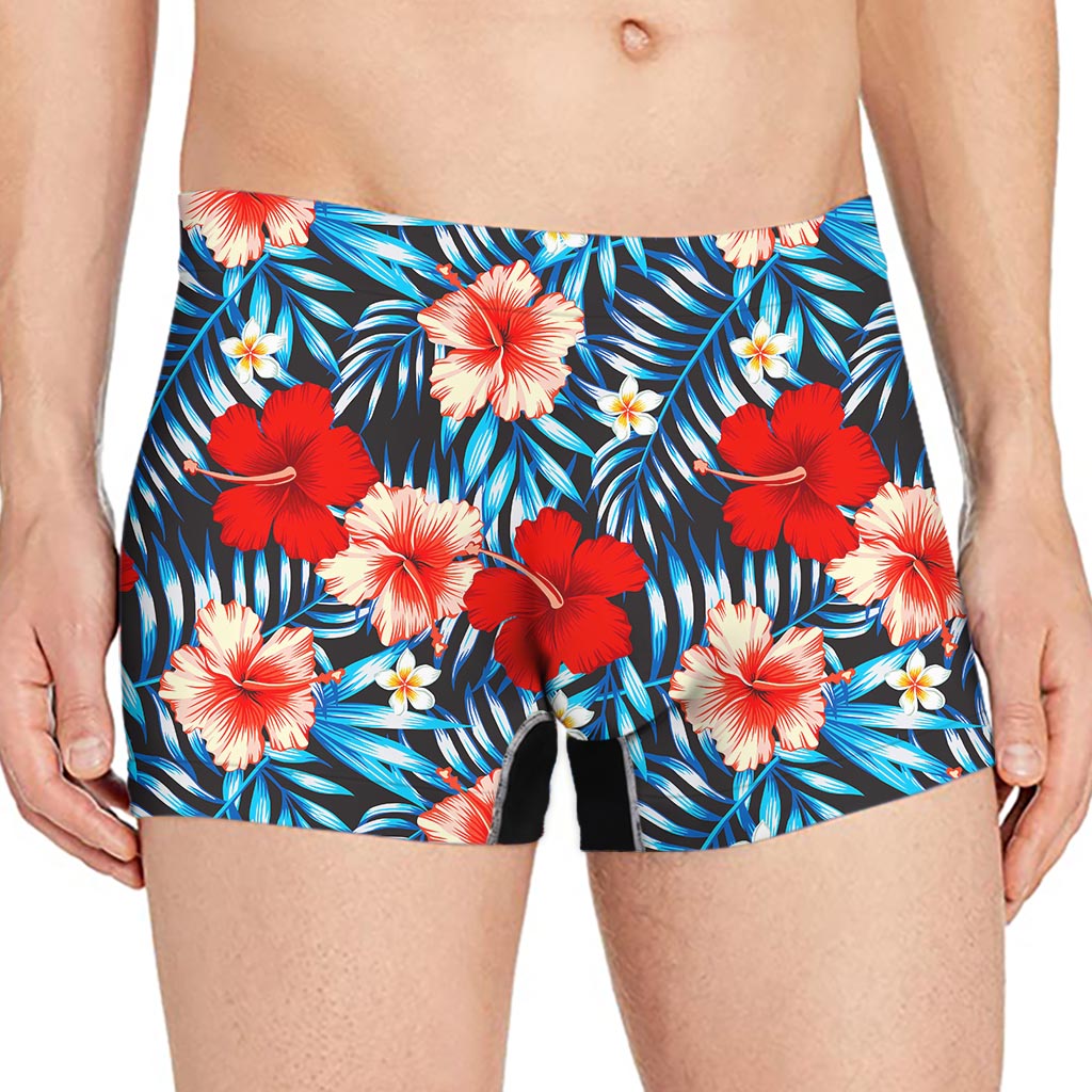 Turquoise Leaves Hibiscus Pattern Print Men's Boxer Briefs