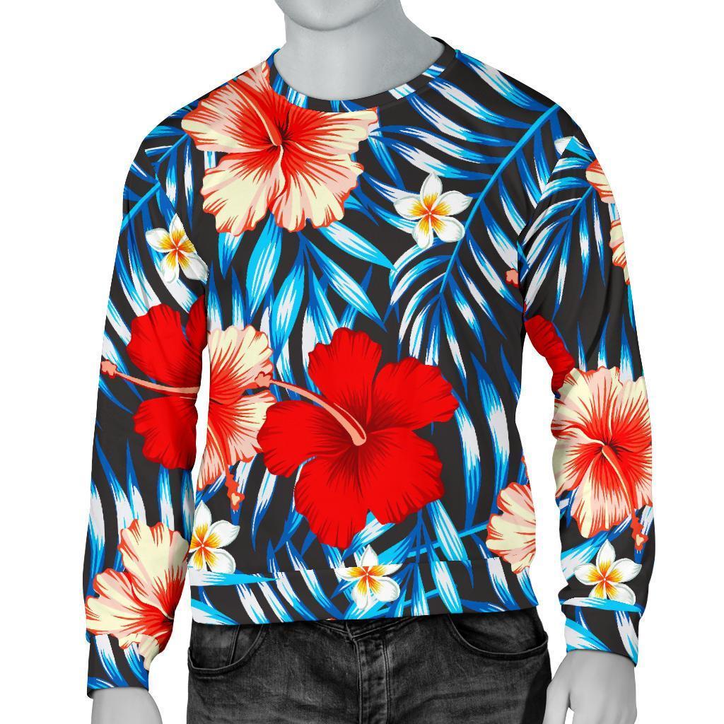 Turquoise Leaves Hibiscus Pattern Print Men's Crewneck Sweatshirt GearFrost