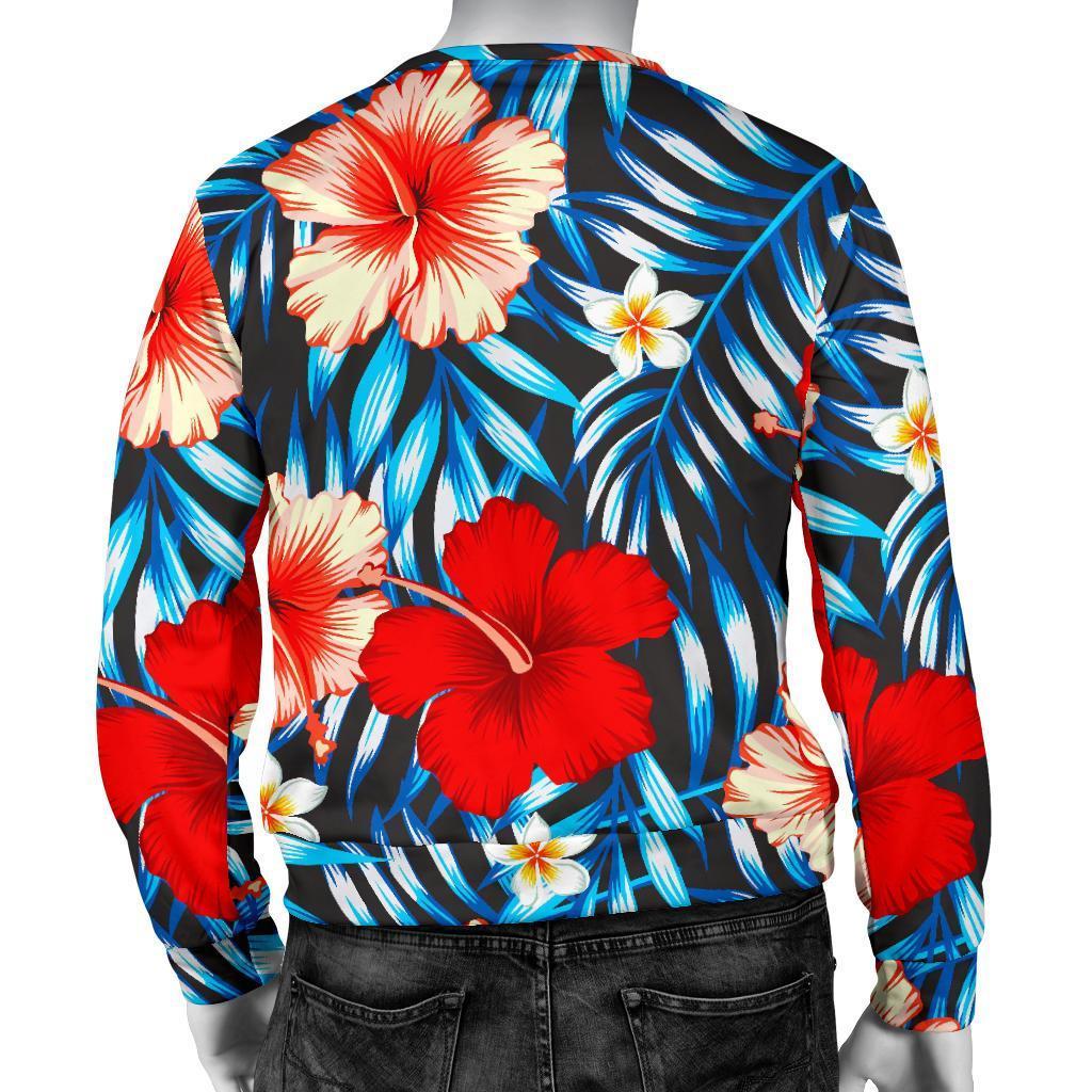 Turquoise Leaves Hibiscus Pattern Print Men's Crewneck Sweatshirt GearFrost