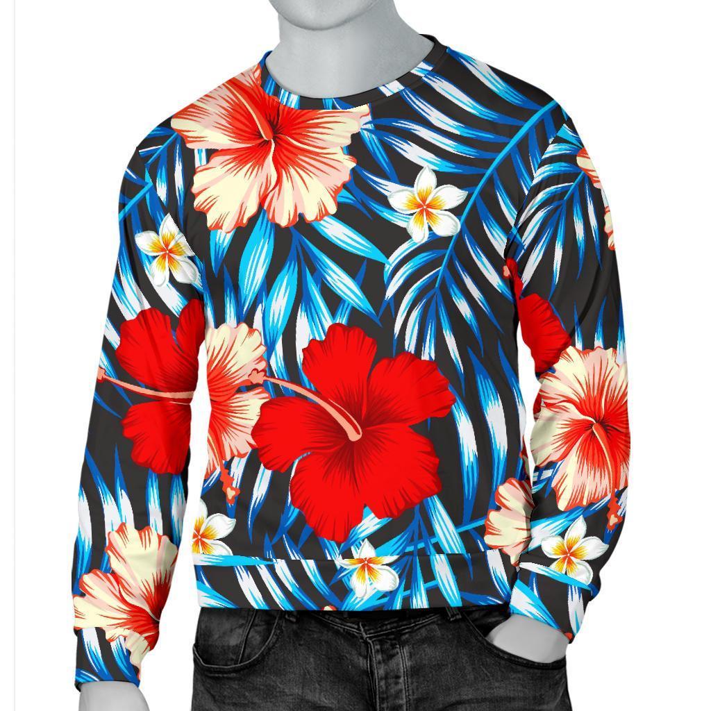 Turquoise Leaves Hibiscus Pattern Print Men's Crewneck Sweatshirt GearFrost