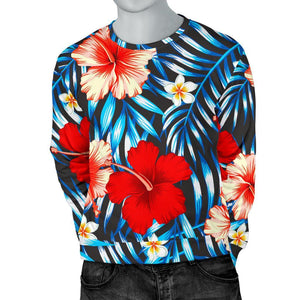 Turquoise Leaves Hibiscus Pattern Print Men's Crewneck Sweatshirt GearFrost