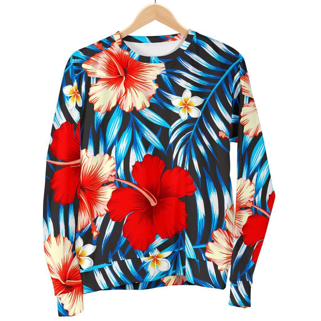 Turquoise Leaves Hibiscus Pattern Print Men's Crewneck Sweatshirt GearFrost