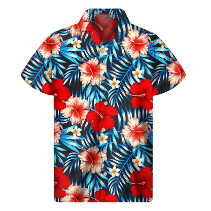Turquoise Leaves Hibiscus Pattern Print Men's Short Sleeve Shirt