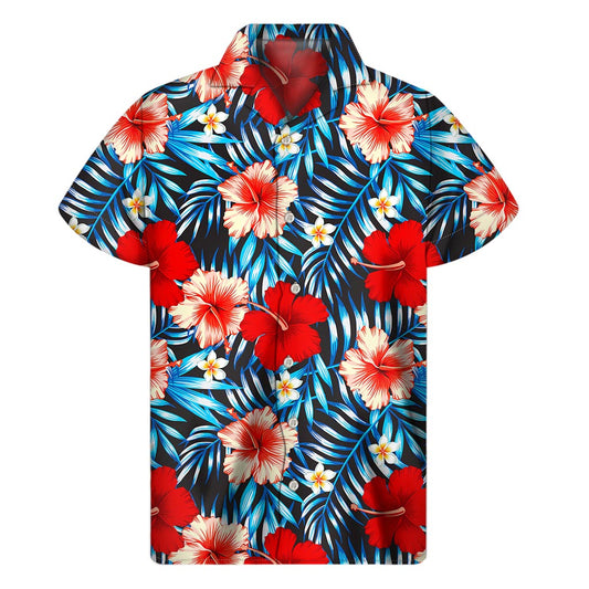Turquoise Leaves Hibiscus Pattern Print Men's Short Sleeve Shirt