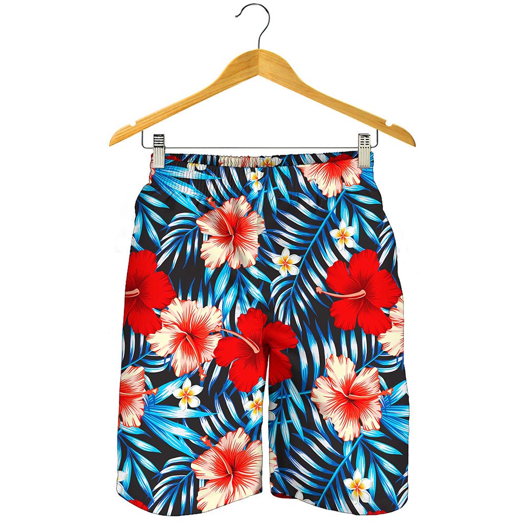 Turquoise Leaves Hibiscus Pattern Print Men's Shorts