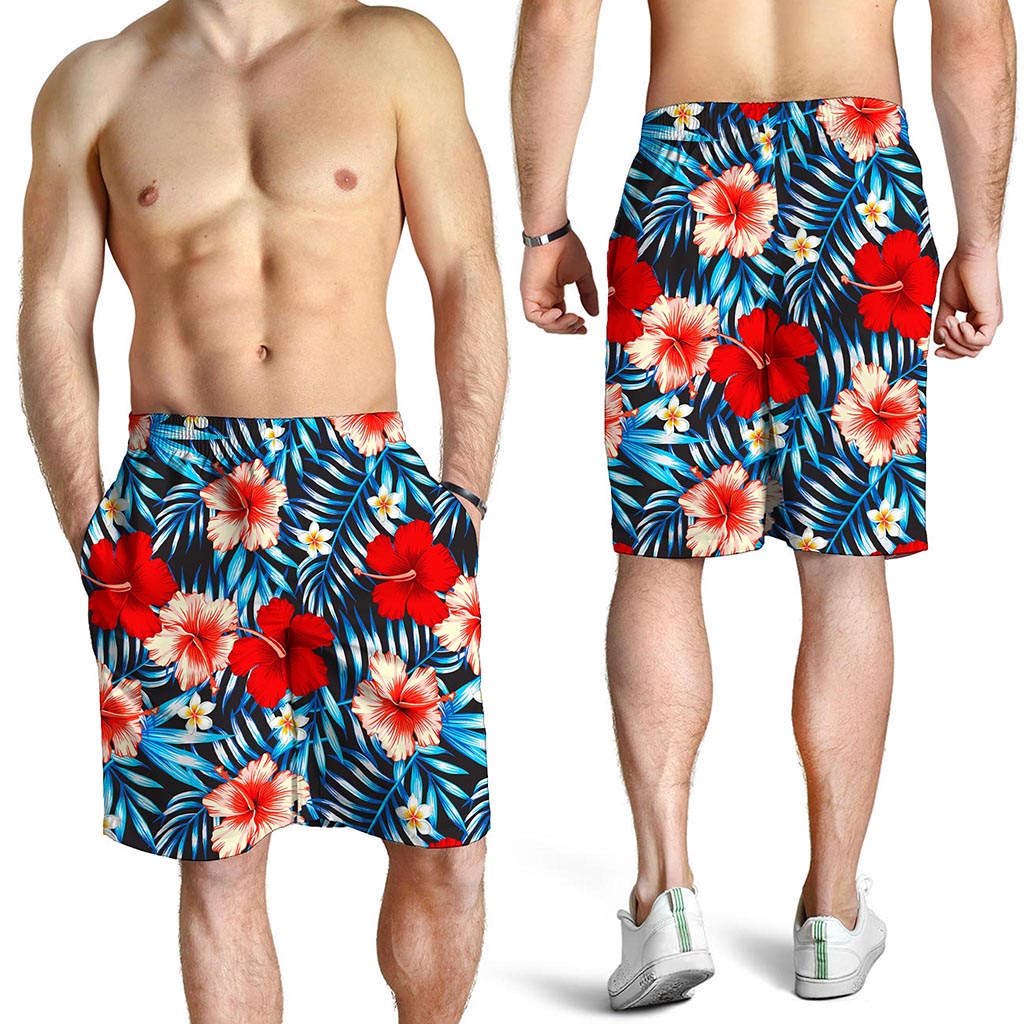 Turquoise Leaves Hibiscus Pattern Print Men's Shorts