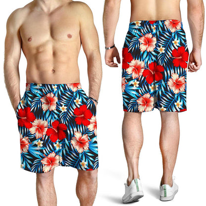 Turquoise Leaves Hibiscus Pattern Print Men's Shorts