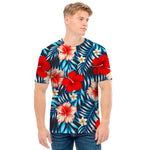 Turquoise Leaves Hibiscus Pattern Print Men's T-Shirt