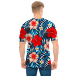Turquoise Leaves Hibiscus Pattern Print Men's T-Shirt