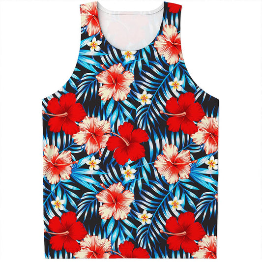 Turquoise Leaves Hibiscus Pattern Print Men's Tank Top