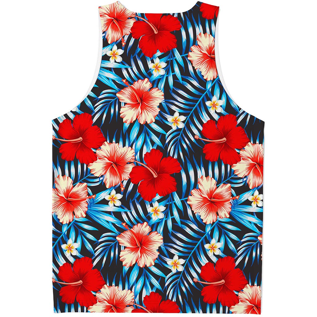 Turquoise Leaves Hibiscus Pattern Print Men's Tank Top