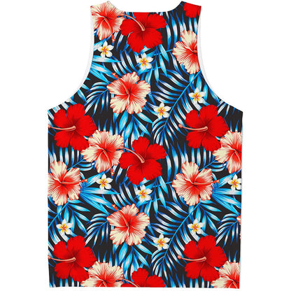 Turquoise Leaves Hibiscus Pattern Print Men's Tank Top