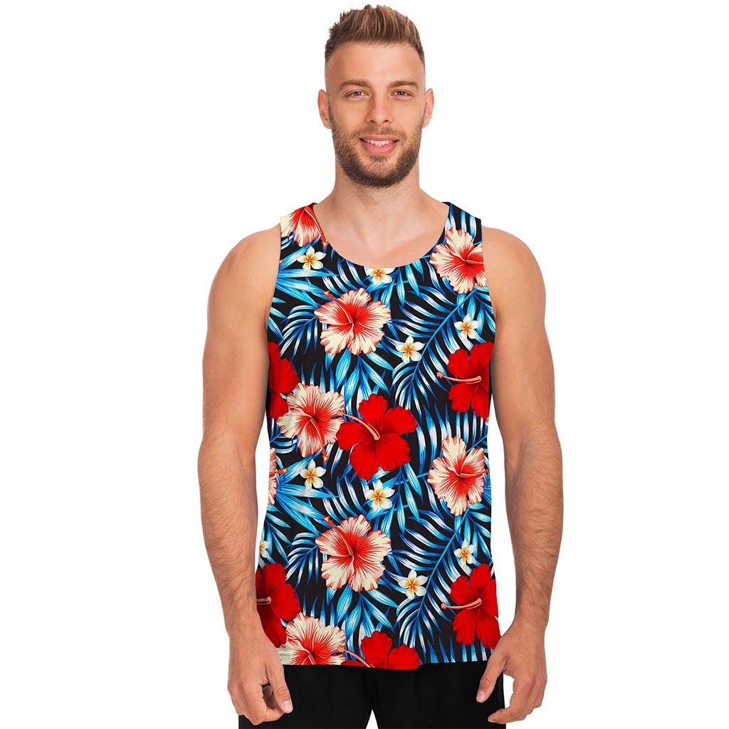 Turquoise Leaves Hibiscus Pattern Print Men's Tank Top