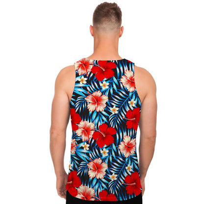 Turquoise Leaves Hibiscus Pattern Print Men's Tank Top