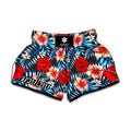 Turquoise Leaves Hibiscus Pattern Print Muay Thai Boxing Shorts