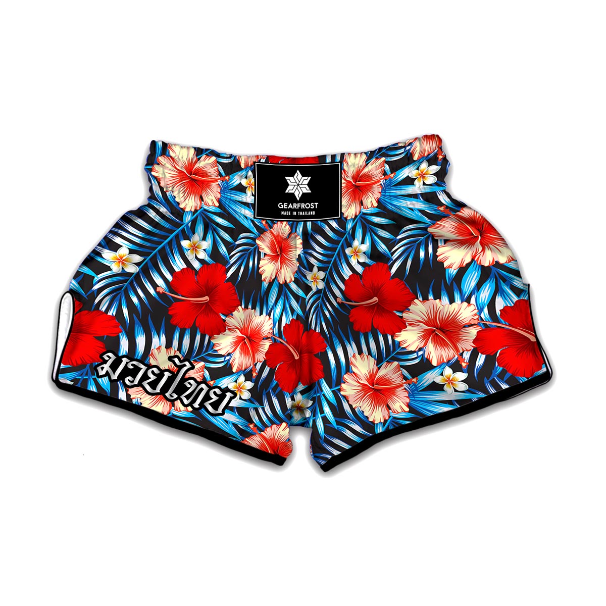 Turquoise Leaves Hibiscus Pattern Print Muay Thai Boxing Shorts