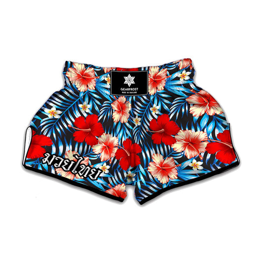 Turquoise Leaves Hibiscus Pattern Print Muay Thai Boxing Shorts