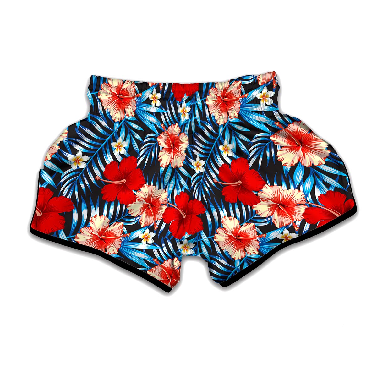 Turquoise Leaves Hibiscus Pattern Print Muay Thai Boxing Shorts