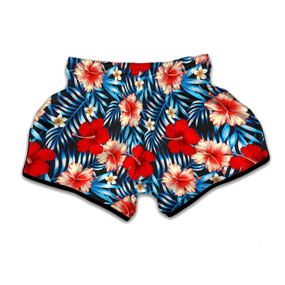 Turquoise Leaves Hibiscus Pattern Print Muay Thai Boxing Shorts