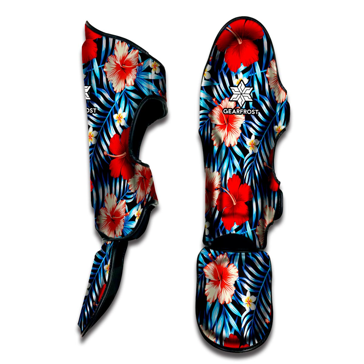 Turquoise Leaves Hibiscus Pattern Print Muay Thai Shin Guard