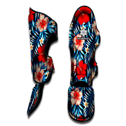 Turquoise Leaves Hibiscus Pattern Print Muay Thai Shin Guard