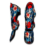Turquoise Leaves Hibiscus Pattern Print Muay Thai Shin Guard