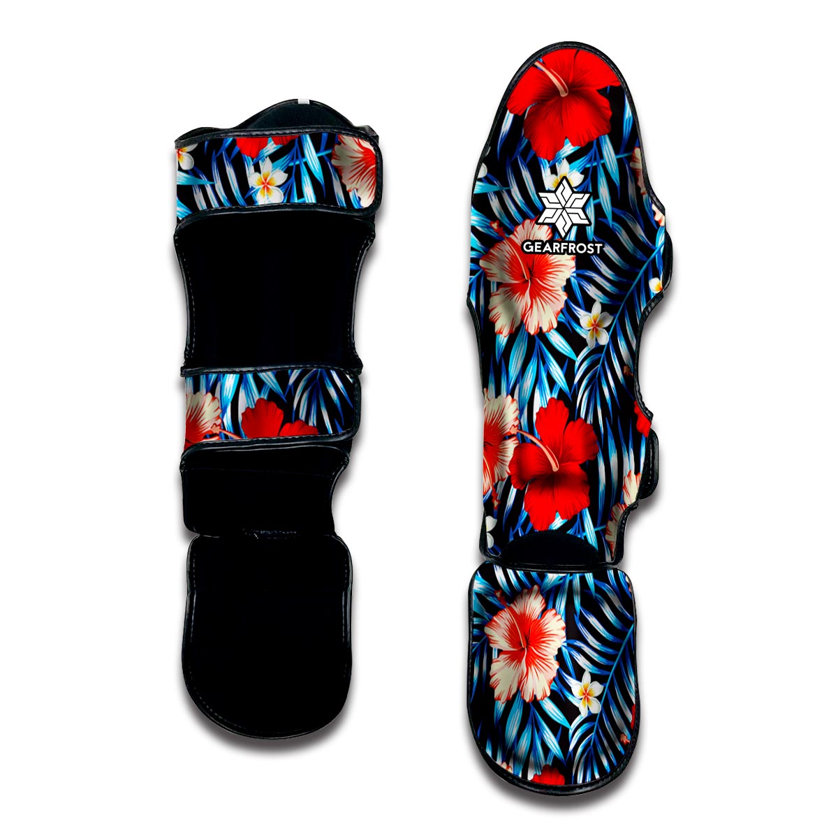 Turquoise Leaves Hibiscus Pattern Print Muay Thai Shin Guard