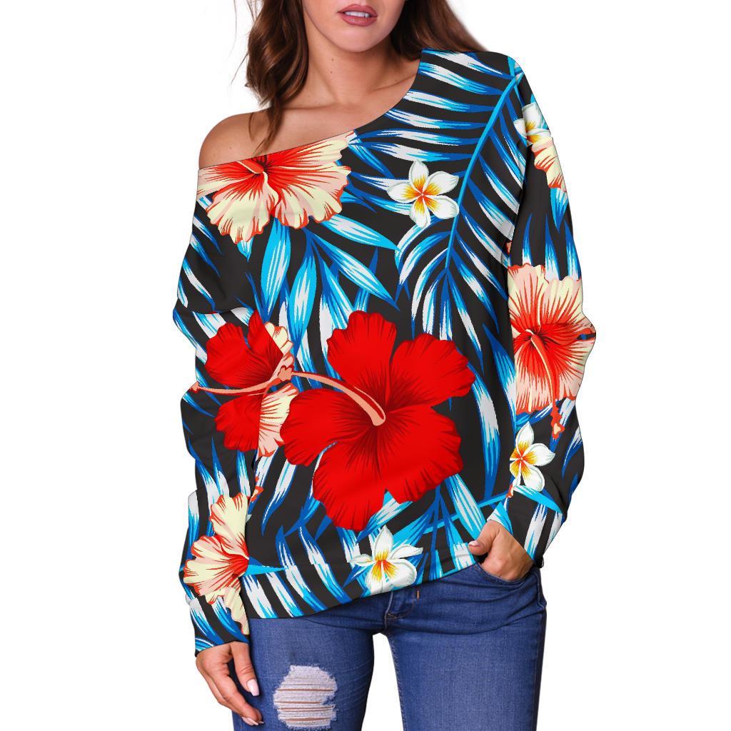 Turquoise Leaves Hibiscus Pattern Print Off Shoulder Sweatshirt GearFrost