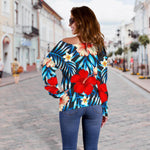 Turquoise Leaves Hibiscus Pattern Print Off Shoulder Sweatshirt GearFrost