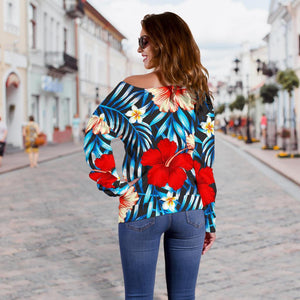 Turquoise Leaves Hibiscus Pattern Print Off Shoulder Sweatshirt GearFrost