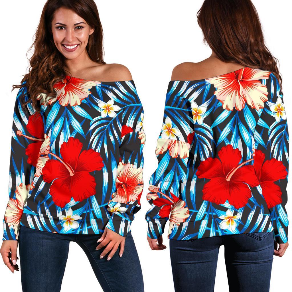 Turquoise Leaves Hibiscus Pattern Print Off Shoulder Sweatshirt GearFrost