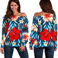 Turquoise Leaves Hibiscus Pattern Print Off The Shoulder Sweatshirt