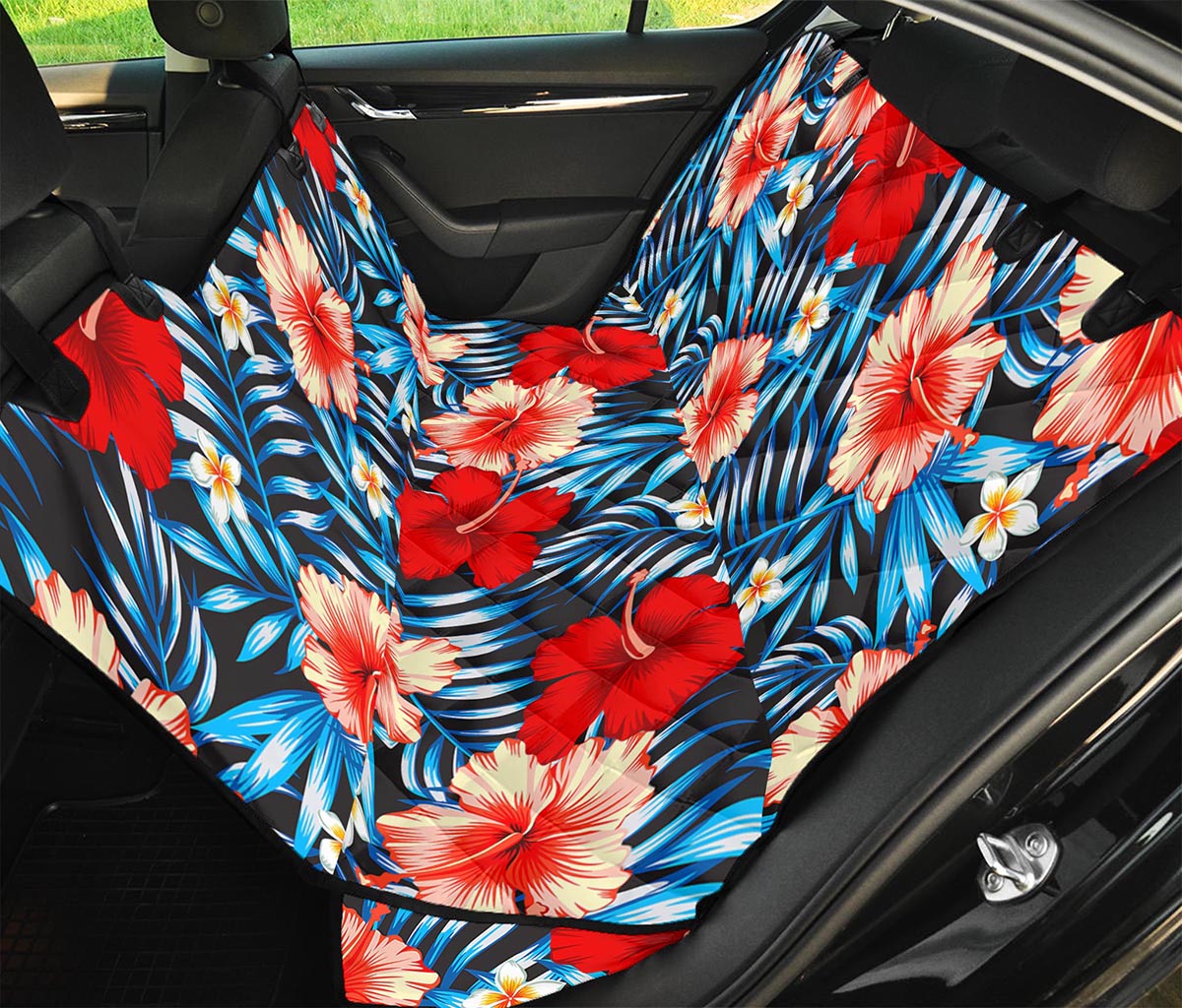Turquoise Leaves Hibiscus Pattern Print Pet Car Back Seat Cover