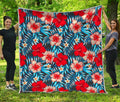 Turquoise Leaves Hibiscus Pattern Print Quilt