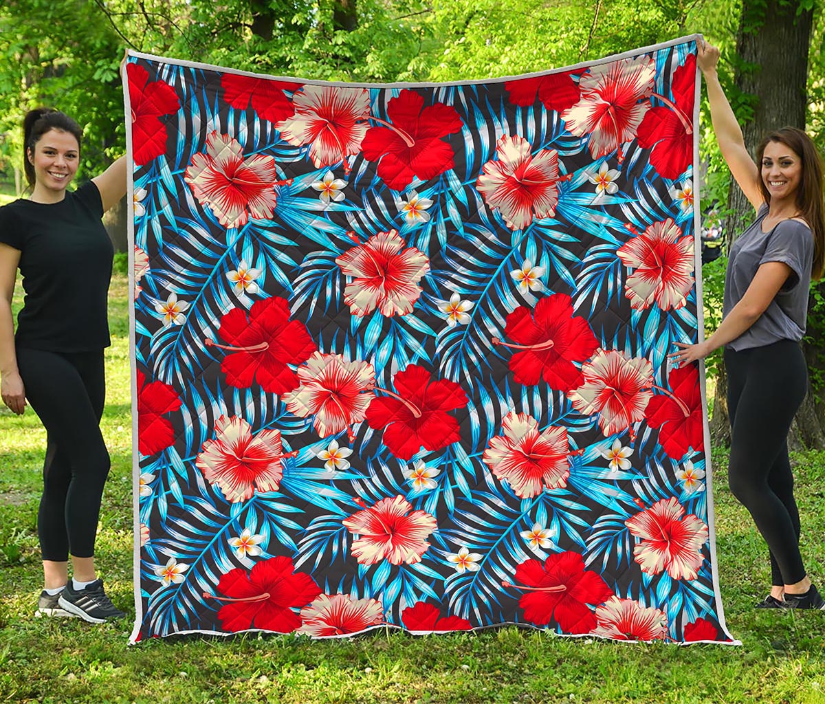 Turquoise Leaves Hibiscus Pattern Print Quilt
