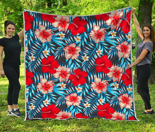 Turquoise Leaves Hibiscus Pattern Print Quilt
